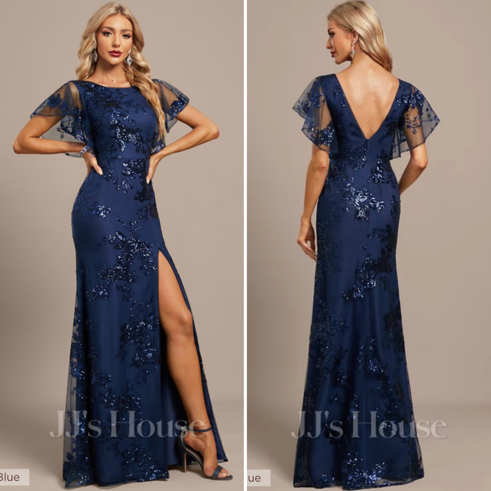 Marchesa Bridesmaid Sequin Gown Navy Blue Floral Flutter Sleeve Side Slit Sz 6